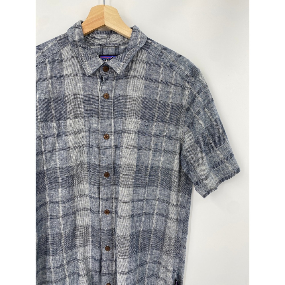 Patagonia Plaid Button Up Mens M Blue Short Sleeve Organic Cotton